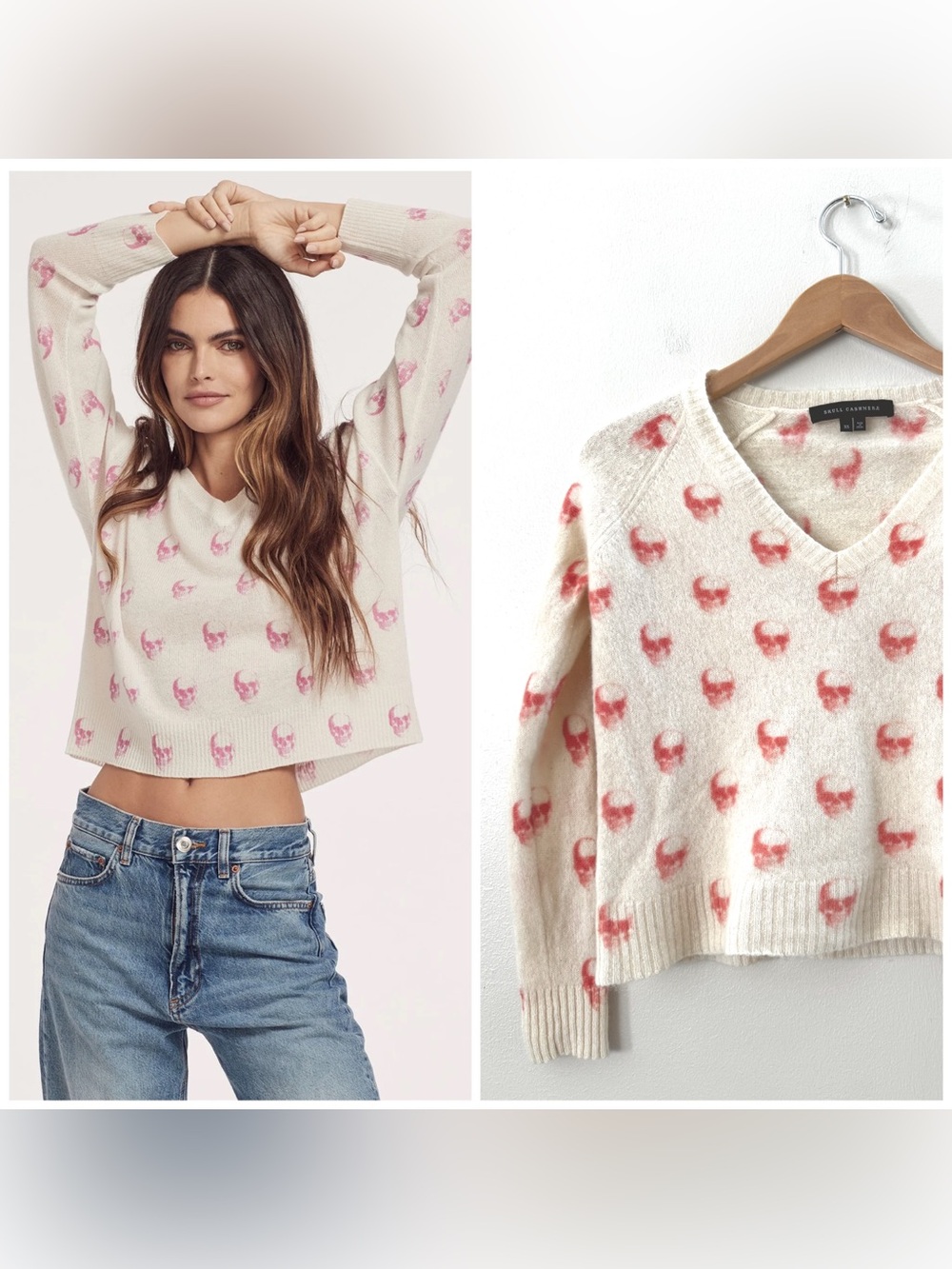 Skull Cashmere V-Neck Cream & Pink Sweater Women’s XS Fall Halloween Lightweight